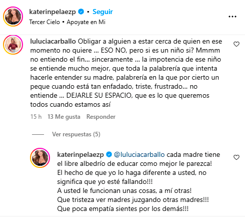 Parte del debate que tuvo con una mamá que la cuestionó. /FOTO: CAPTURA DE PNATALLA