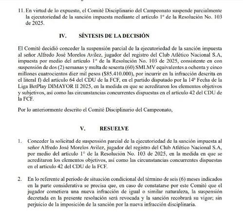 Dimayor suspendió sanción a Morelos y podrá jugar el clásico