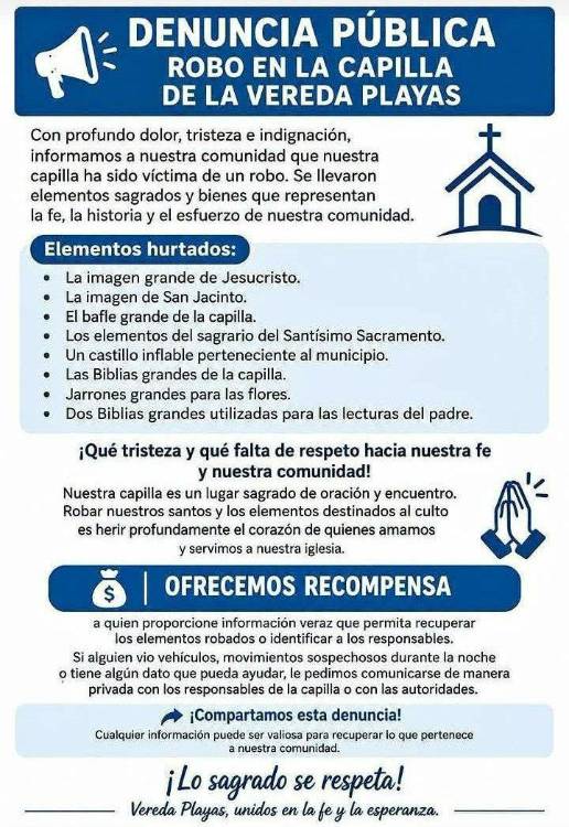 La denuncia de la comunidad de la vereda por lo ocurrido en su capilla. FOTO: CORTESÍA