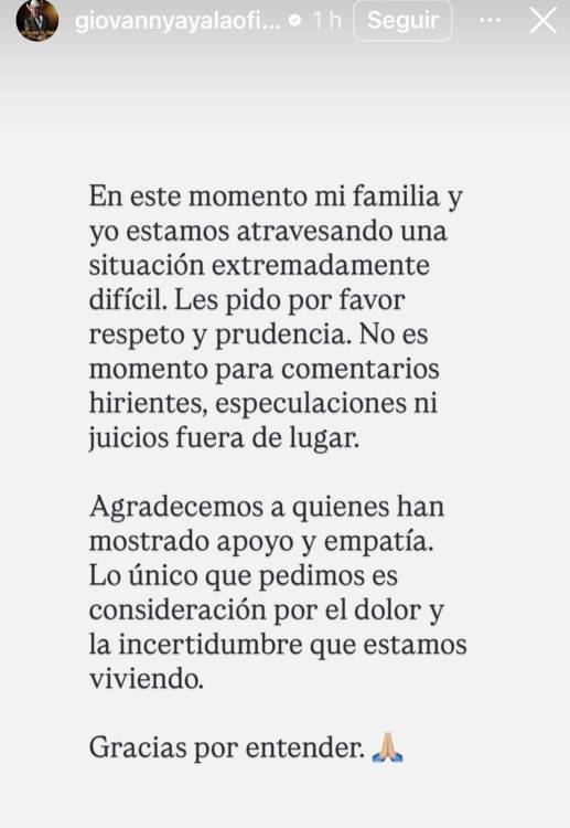 Giovanny Ayala decidió pronunciarse públicamente a través de sus redes sociales. <b><span class=mln_small-caps_mln>/ INSTAGRAM DE GIOVANNY AYALA</span></b>
