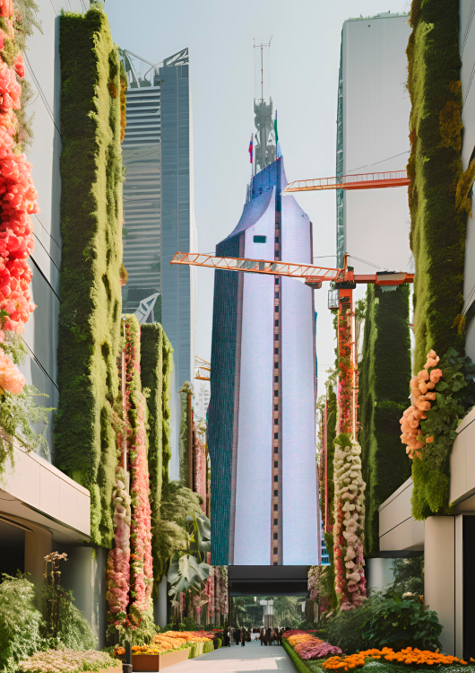 $!Grúas sostienen jardines verticales con flores.