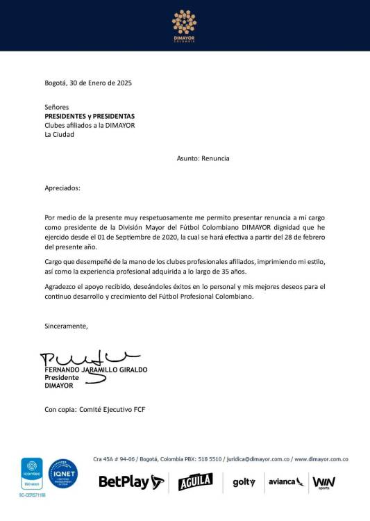 Carta presentada por Jaramillo. / FOTO: CORTESÍA