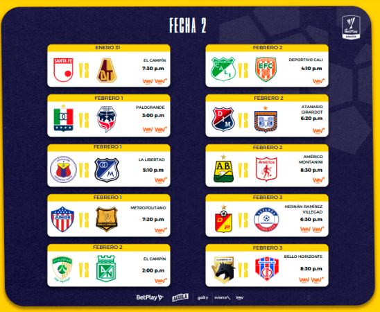 Horarios fecha 2 de la Liga BetPlay 2025-1 /FOTO: DIMAYOR