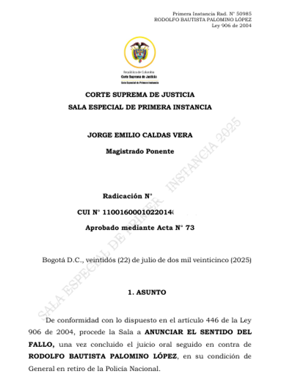 La decisión se dio luego de que la Corte Suprema de Justicia lo condenara por el delito de tráfico de influencias de servidor público. FOTO: CORTE SUPREMA DE JUSTICIA