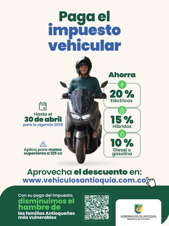 Pronto pago en el impuesto vehicular para la vigencia 2026. FOTO: GOBERNACIÓN DE ANTIOQUIA