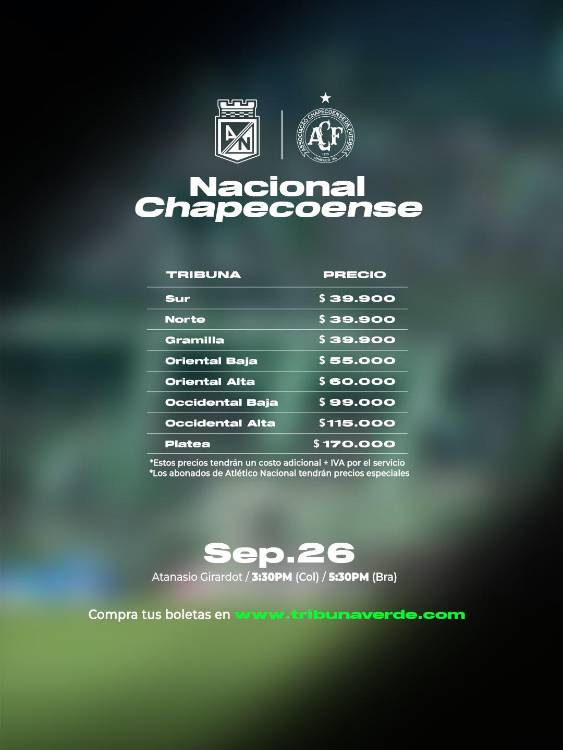 Precio boletería Nacional vs. Chapecoense. FOTO: NACIONAL OFICIAL