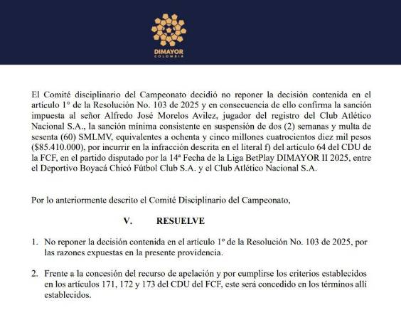 Dimayor suspendió sanción a Morelos y podrá jugar el clásico
