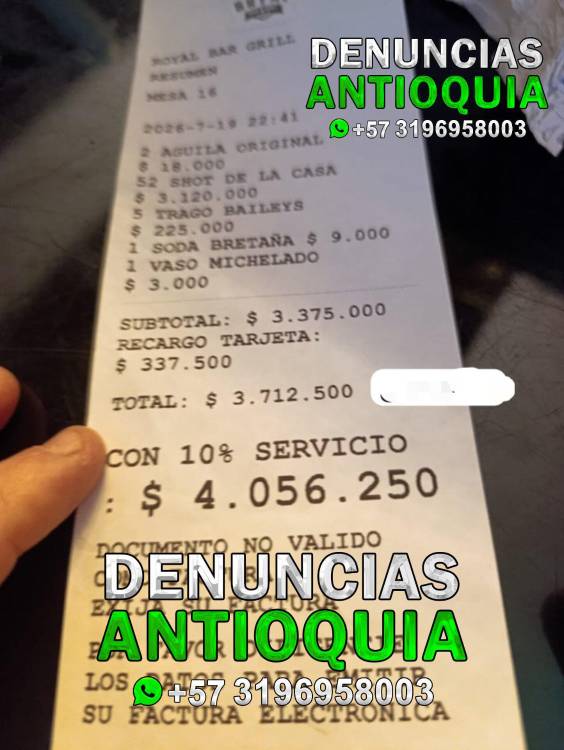 Factura Royal Grill. FOTO: DENUNCIAS ANTIOQUIA