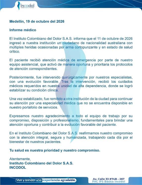 Comunicado del centro asistencial donde recibía atención médica. FOTO: INSTITUTO COLOMBIANO DEL DOLOR S.A.S.