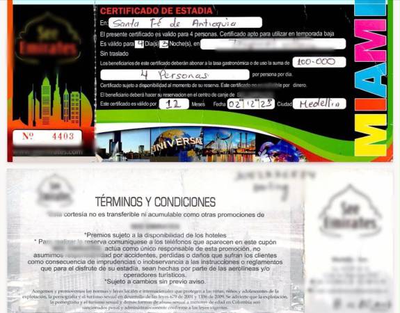 Bonos y membresías con las que engañaban a las víctimas. FOTO: FISCALÍA GENERAL DE LA NACIÓN