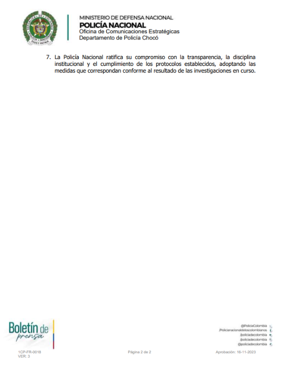Comunicado Policía Nacional. FOTO: COMUNICADO POLICÍA NACIONAL