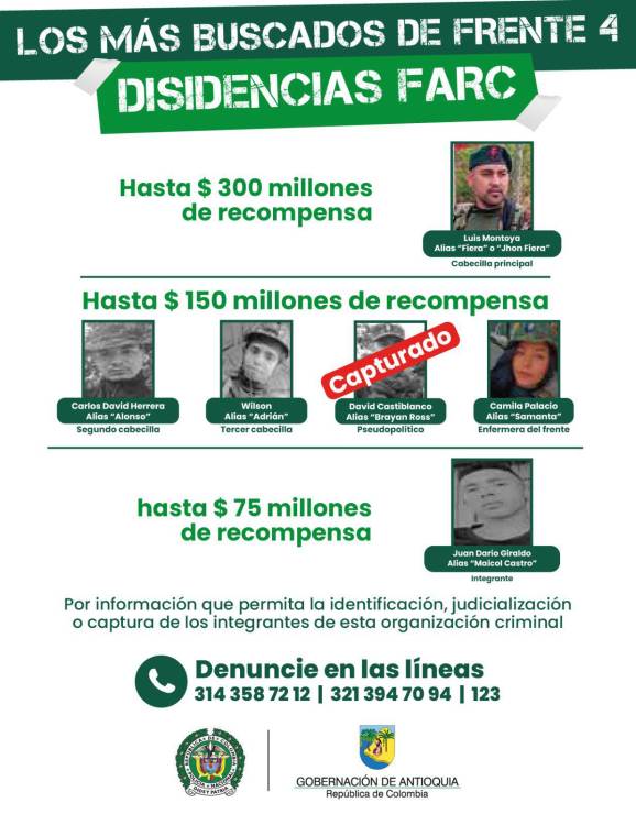 Este es el cartel que creo la Gobernación de Antioquia para ubicar a los integrantes de las disidencias de las Farc. FOTO: GOBERNACIÓN DE ANTIOQUIA