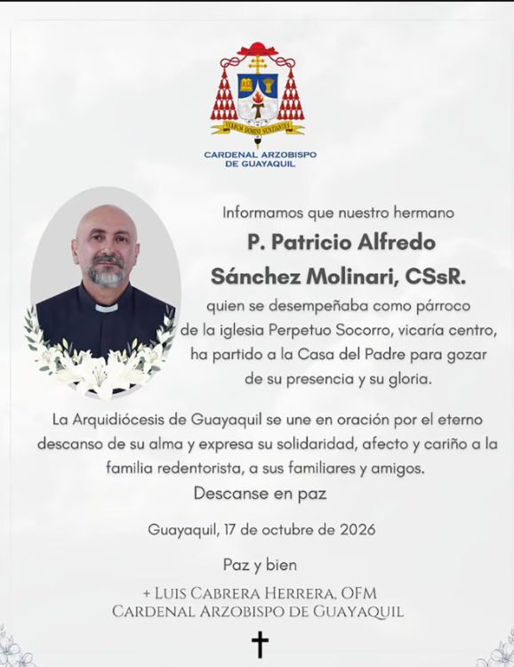 Comunicado de la Arquidiócesis de Guayaquil sobre el fallecimiento del sacerdote Patricio Alfredo Sánchez Molinari, párroco de la iglesia Perpetuo Socorro. FOTO: REDES SOCIALES ARQUIDIOCESIS DE GUAYAQUIL
