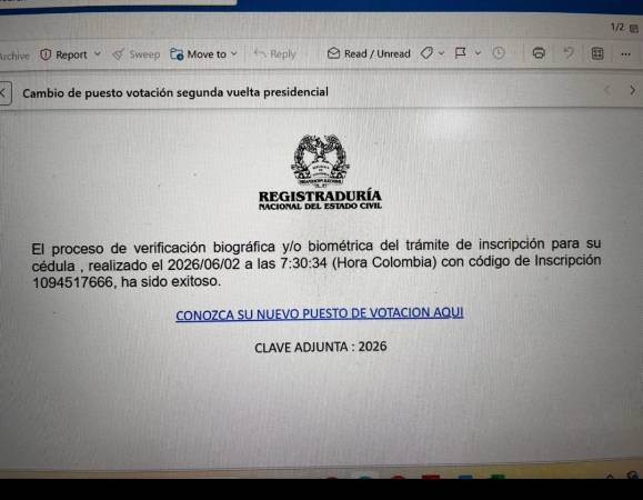 Este es uno de los correos utilizados para estafar incautos. FOTO: CORTESÍA REGISTRADURÍA NACIONAL DEL ESTADO CIVIL