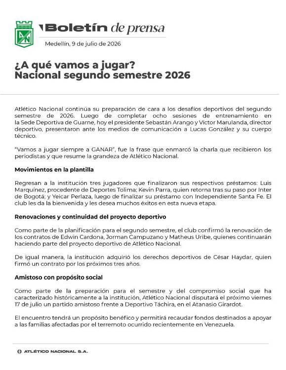 Comunicado Atlético Nacional. FOTO: ATLÉTICO NACIONAL