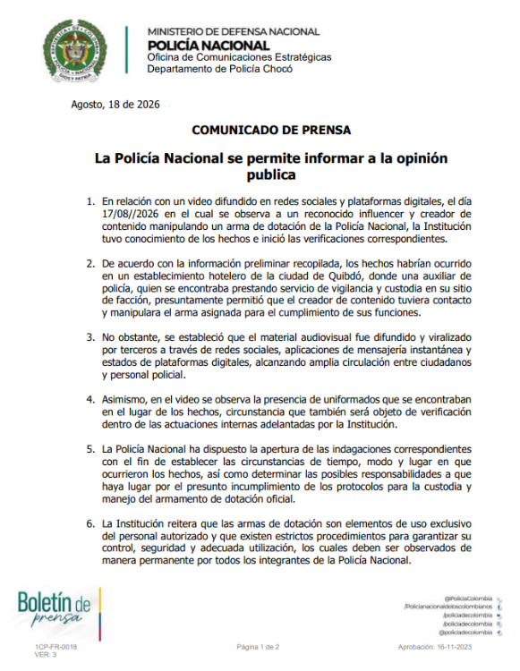 Comunicado Policía Nacional. FOTO: COMUNICADO POLICÍA NACIONAL