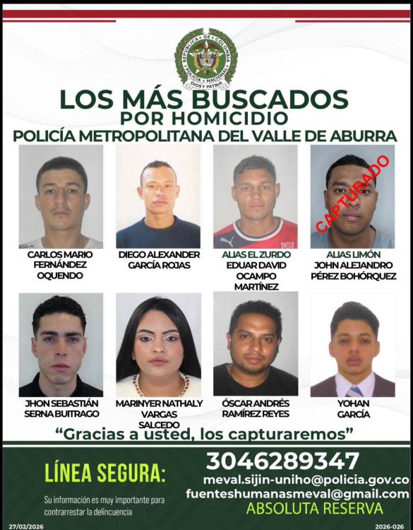 Cartel publicado por la Policía donde aparecía como uno de los más buscados en el Valle de Aburrá por homicidio. FOTO: POLICÍA METROPOLITANA