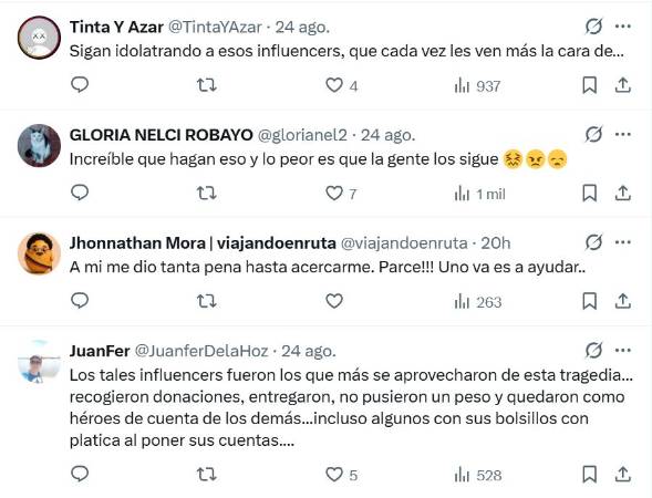 Comentarios sobre personas haciendo contenido audiovisual alrededor de las ruinas del terremoto en Pereira. FOTO: TOMADA DE X @COLOMBIAOSCURA