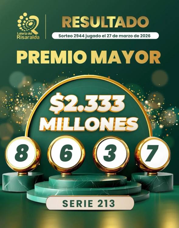 Sorteo 27 de marzo de 2026 - Lotería de Risaralda. FOTO: FACEBOOK LOTERÍA DE RISARALDA