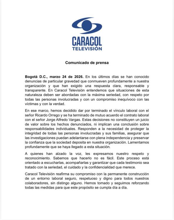 Comunicado Caracol Televisión. FOTO: @ZULUAGACAMILA
