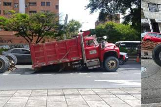 A la derecha, la volqueta que perdió su troque en el 20 de Julio; a la izquierda, la que sufrió el mismo problema en Buenos Aires. FOTO: CORTESÍA DENUNCIAS ANTIOQUIA Y SEBASTIÁN URREA 