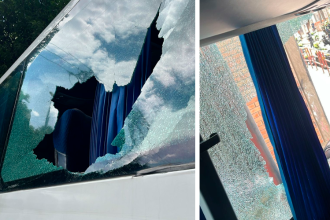 Así quedaron las ventanas del bus en el que se transportaba Atlético Nacional hacia el estadio General Santander de Cúcuta. / FOTOS: CORTESÍA ATLÉTICO NACIONAL 