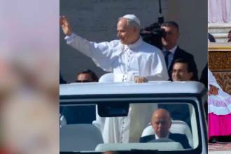 El papa León XIV en el papa móvil y luego de recibir el Palio y el Anillo del Pescador. /FOTO: CAPTURA DE VIDEO Y PRESIDENCIA DE COLOMBIA