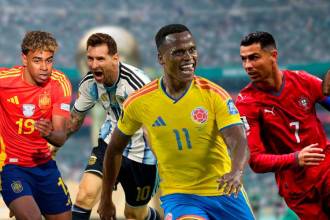 De izquierda a derecha: Lamine Yamal (España), Lionel Messi (Argentina), Jhon Arias (Colombia), Cristiano Ronaldo (Portugal) y Vinícius Jr (Brasil). FOTOS: GETTY (FONDO) Y REDES SOCIALES