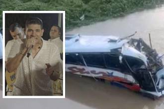 Así quedó el bus tras el accidente. En el recuadro Carlos Alberto ‘Kbeto’ Zuleta. FOTOS: REDES SOCIALES IG @kbetozuleta