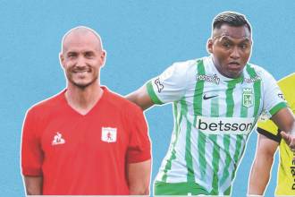 De izquierda a derecha: David González, DT de América de Cali; Alfredo Morelos, delantero de Naciona; Juan Pablo Montoya, arquero de Envigado, y Francisco Fydriszewski, delantero del DIM. /FOTOS: INSTAGRAM @americadecali Y ARCHIVO 