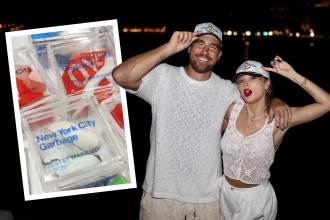 Travis Kelce y Taylor Swift. En la foto destacada la basura vendida. FOTOS: INSTAGRAM @killatrav Y CAPTURA DE VIDEO @justingignac