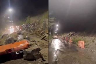 Piedras de gran tamaño bloquean el paso en ambos carriles. FOTO: TOMA DE VIDEO