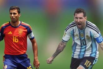 Rodrigo Hernández jugador español (izq.) y Leonel Messi, jugador argentino (der.). FOTO: @SEFUTBOL Y @LEOMESSI