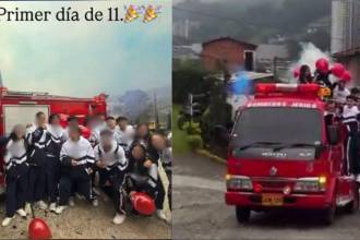 Carro de bomberos de Jericó fue usado en primer día de colegio de estudiantes en Sabaneta. FOTO: RED SOCIAL X @dicalaca18