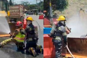 La vía estuvo cerrada durante varias horas mientras atendían la emergencia. FOTOS: BOMBEROS LA ESTRELLA Y EPM