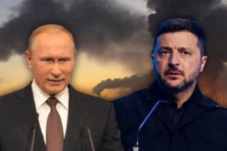 Vladimir Putin, presidente de Rusia (Izq.) y Volodímir Zelensky, presidente de Ucrania. FOTOS: TOMADAS DE X @VIJESTI11111 (FONDO), @RT_ON_X (ZELENSKY) Y COLPRENSA (PUTIN) 
