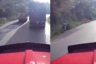 Este es el momento en el que un furgón, al adelantar en una curva, hizo caer a un motociclista. FOTO: MEDELLÍN OSCURA