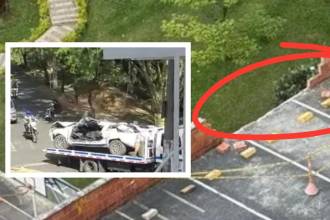 El carro rompió el muro y cayó al abismo en una unidad residencial de la Loma de Los Bernal. FOTO: CORTESÍA