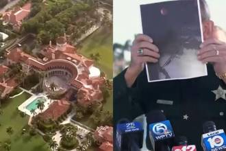 Ric Bradshaw, el albacil del condado de Palm Beach, muestra la foto del bidón y la escopeta. FOTOS: TELEMUNDO