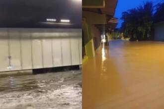 Inundación en el soterrado de Parques del Río (izq.) y la inundación en el área urbana de Zaragoza, Bajo Cauca antioqueño (der.). FOTOS: REDES