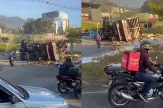 Así quedó el camión tras el volcamiento. FOTOS: CAPTURAS DE VIDEO TOMADAS DE FACEBOOK CHISMESFRESCO PAISA #2