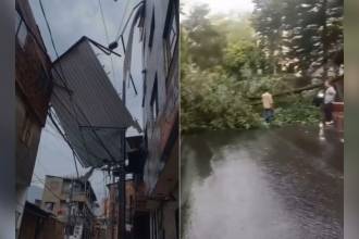 Uno de los techos desprendidos y uno de los árboles caídos en Bello. FOTOS: CAPTURA DE VIDEO DENUNCIAS ANTIOQUIA