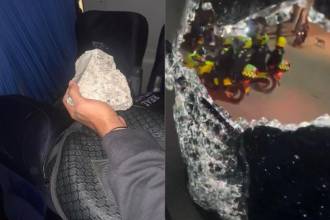 Así era la magnitud de piedras que les lanzaron. Estas mismas quebraron ventanas e hirieron a algunos jugadores. FOTOS: TOMADAS DE X @REDPLAYSPORTS Y @ISARODRIGUEZ91