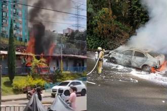 Incendio en La Aurora (izq.) y en la avenida Las Palmas (der.). FOTOS: CORTESÍA DENUNCIAS ANTIOQUIA