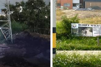 Así quedó la torre tras la explosión y dejaron una pancarta alusiva al Bloque Magdalena Medio. / FOTO: DENUNCIAS ANTIOQUIA