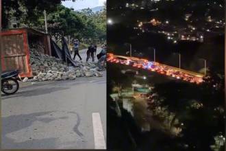 Volqueta volcada en Copacabana provocó inmenso trancón. FOTO: DENUNCIAS ANTIOQUIA