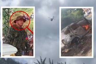 Al fondo, el helicóptero del Ejército; al frente, alias Ñeque y el vehículo incinerado por dron con explosivos. FOTOS: X @LAHORADELAVERDAD Y COLPRENSA