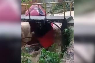 Así quedó el carro tras ser arrastrado por las lluvias. FOTO: CAPTURA DE VIDEO CORTESÍA DENUNCIAS ANTIOQUIA