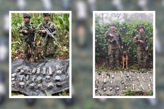 A la izquierda, hallazgo de explosivos en Tame, Arauca; a la derecha, hallazgo de explosivos en Cajibío, Cauca. FOTOS: COLPRENSA Y X @COL_EJERCITO