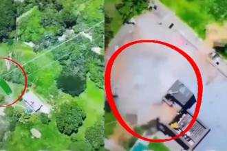 Este es el momento en que uno de los explosivos, lanzado desde el dron, cayó sobre el puesto de Policía en Guadalupe. FOTOS: TOMA DE VIDEO